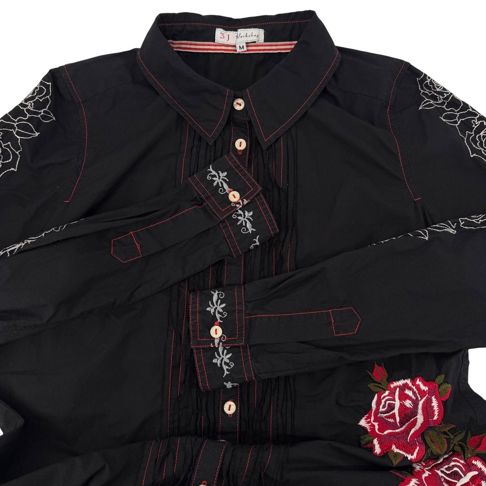 3J Workshop Cotton Embroidered Shirt Womens Medium Black Rose Western Johnny Was